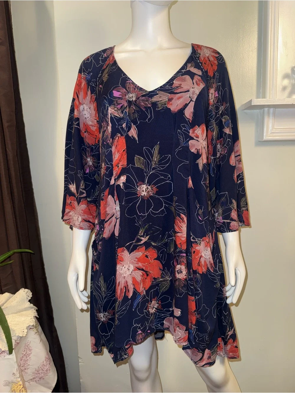 Free People Navy Floral Mini Dress with Coral and Pink Blooms